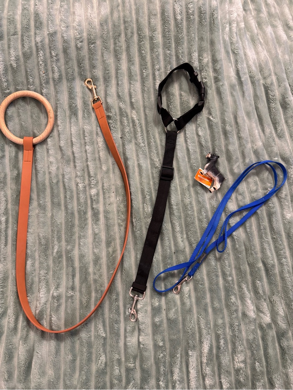 Set of Dog Leashes in Tan, Black, and Blue